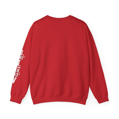 Red sweatshirt with white text on sleeve against a white background