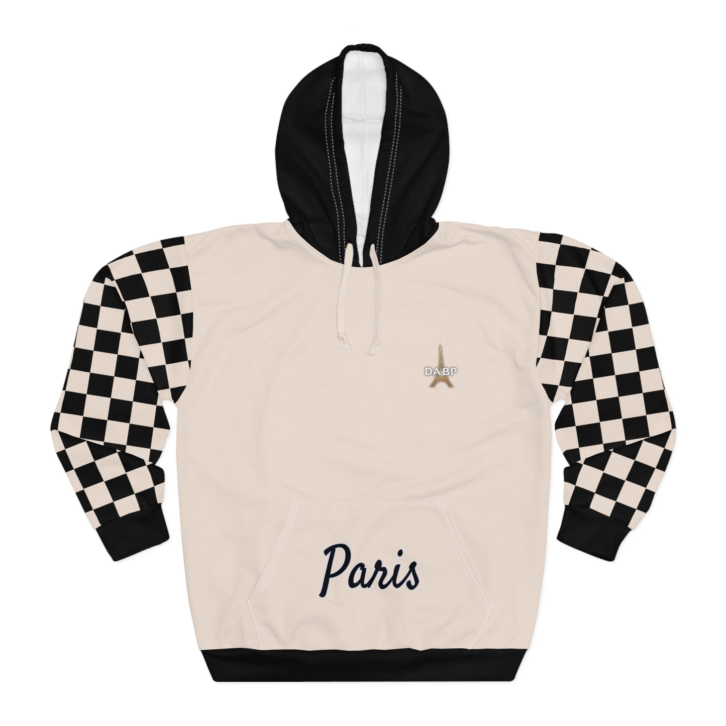 Paris Checkered Unisex Hoodie - DABP Emblem and Checkerboard Sleeves (Beige)