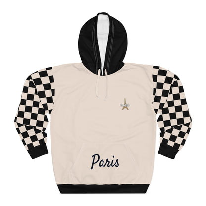 Paris Checkered Unisex Hoodie - DABP Emblem and Checkerboard Sleeves (Beige)