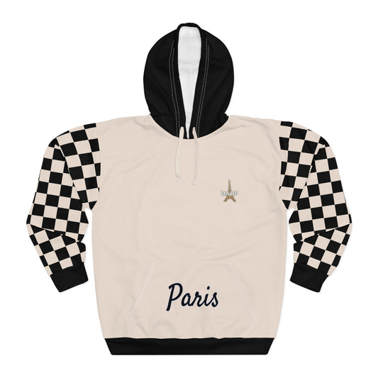 Paris Checkered Unisex Hoodie - DABP Emblem and Checkerboard Sleeves (Beige)