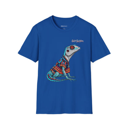 Blue t-shirt with a colorful lizard graphic on a white background