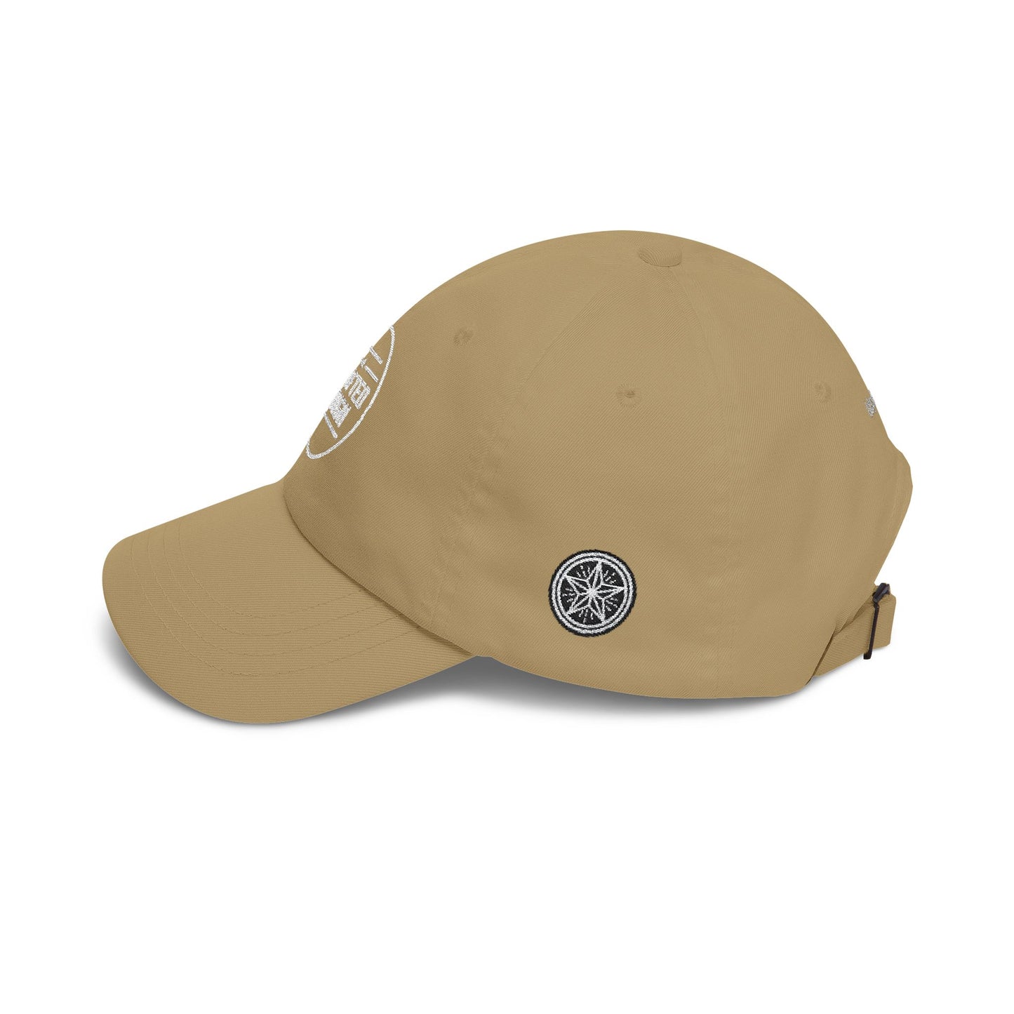 Beige baseball cap with a logo on a white background