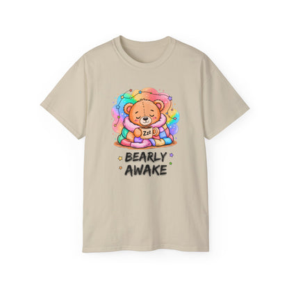 Bearly Awake Teddy Bear Tee | Cute Coffee Bear Wrapped in Rainbow Blanket