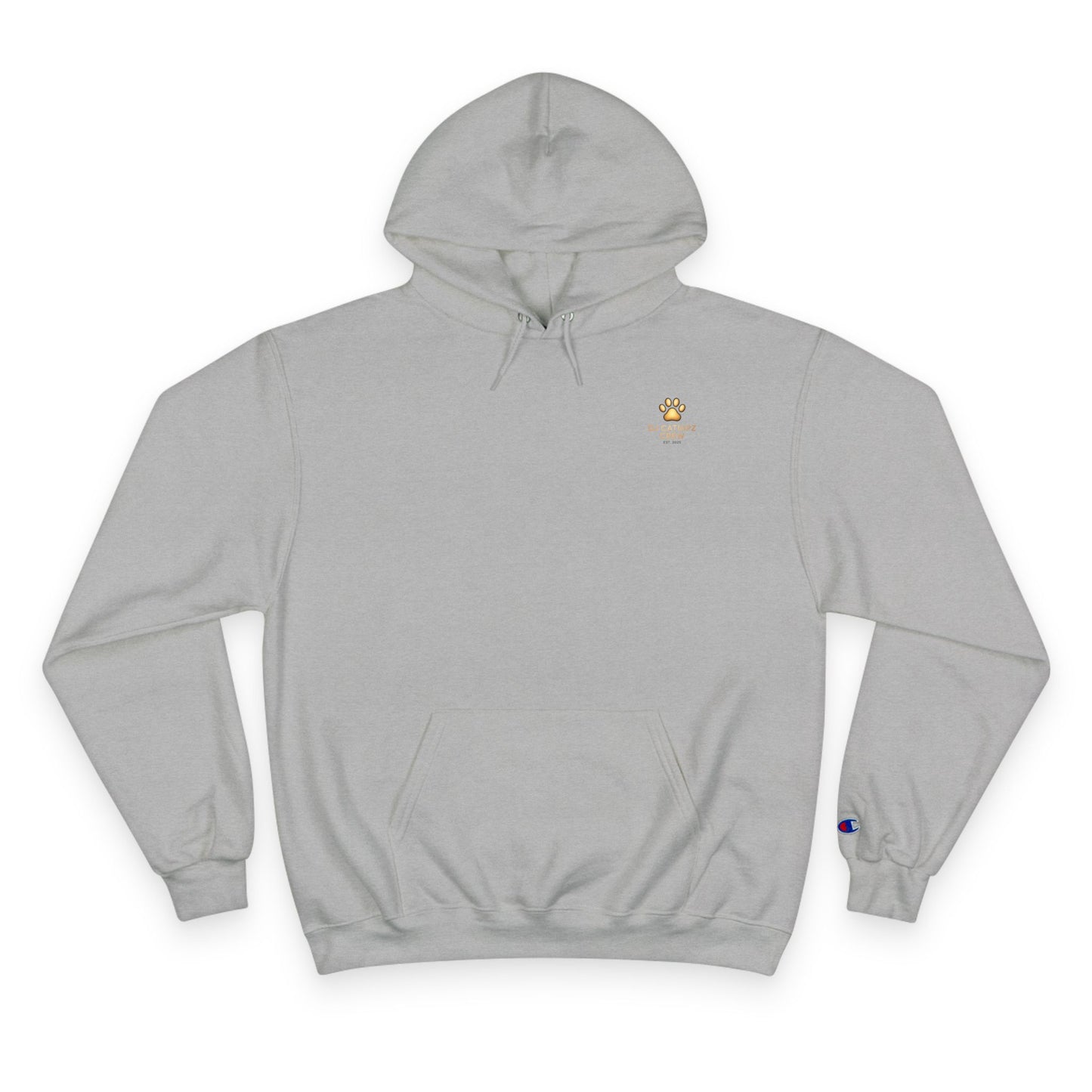 Gray hoodie with a small logo on the chest against a white background