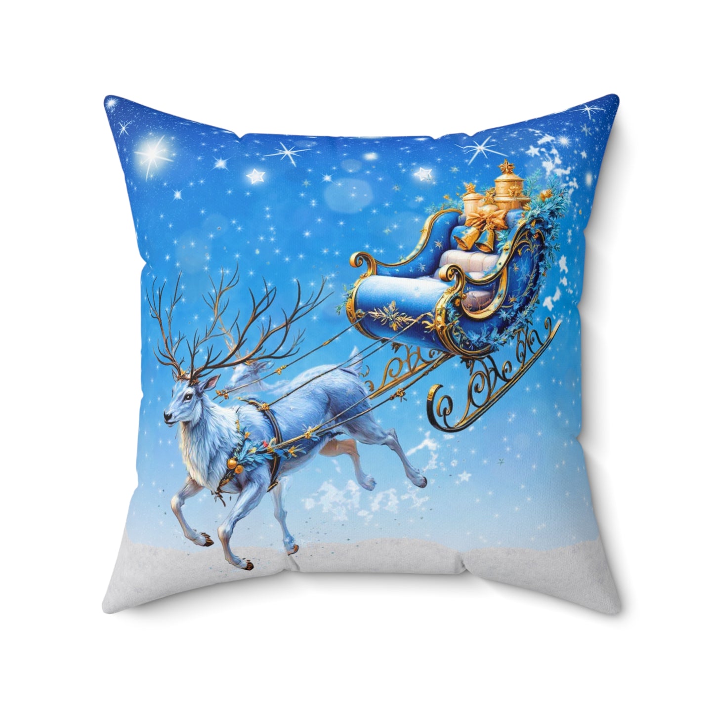 Enchanted Blue Reindeer Sleigh Christmas Pillow