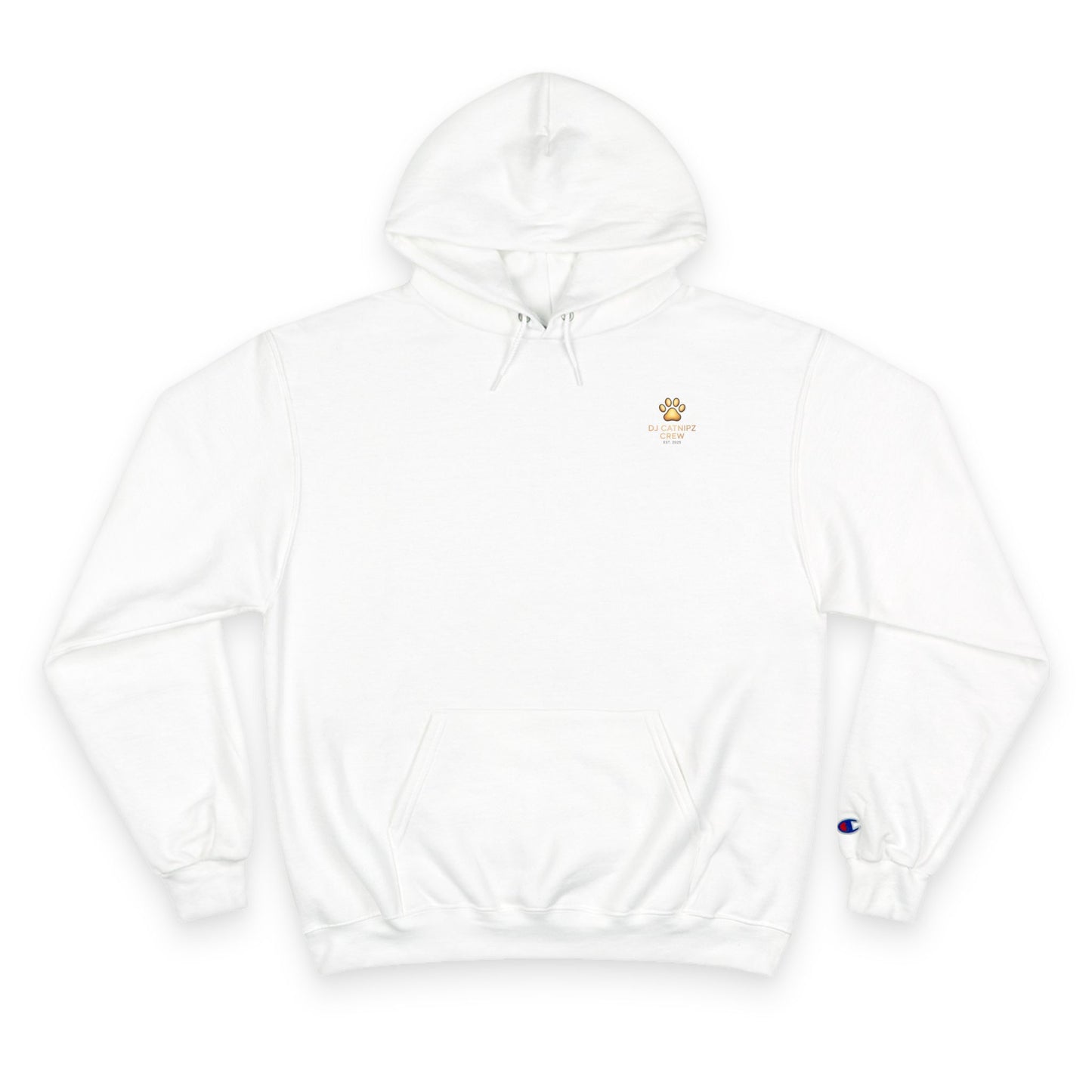 White hoodie with a small logo on the chest against a white background