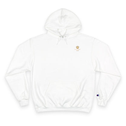 White hoodie with a small logo on the chest against a white background