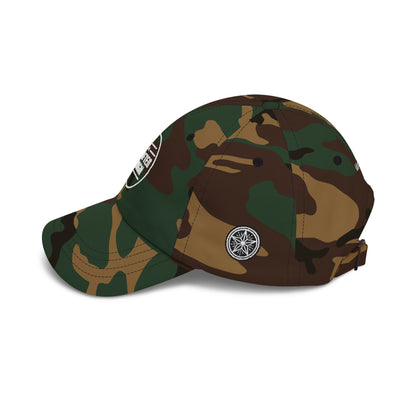 Camouflage baseball cap with a logo on a white background