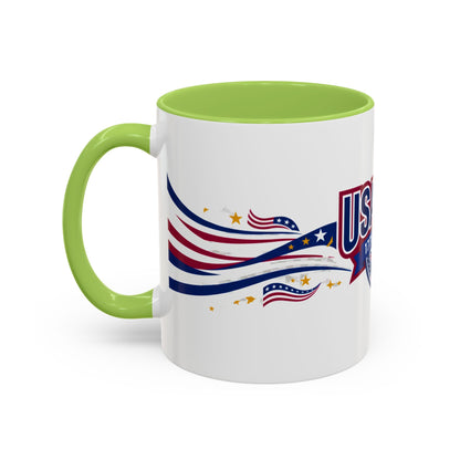 Mug with green handle and USA-themed design on a white background