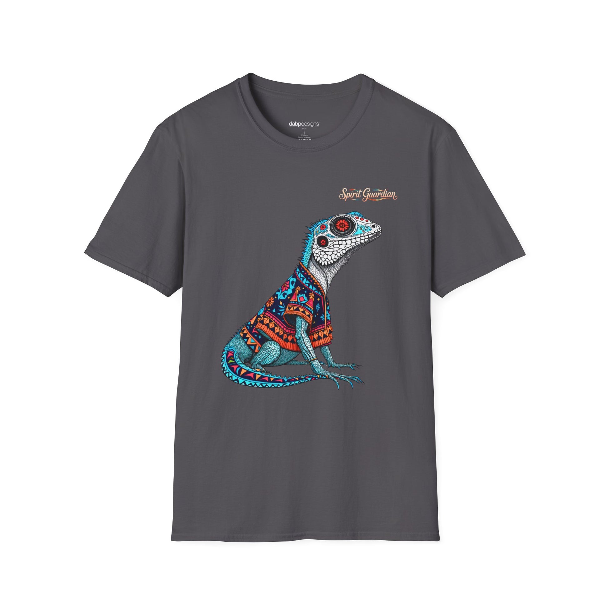 Gray t-shirt with a colorful lizard graphic on a white background