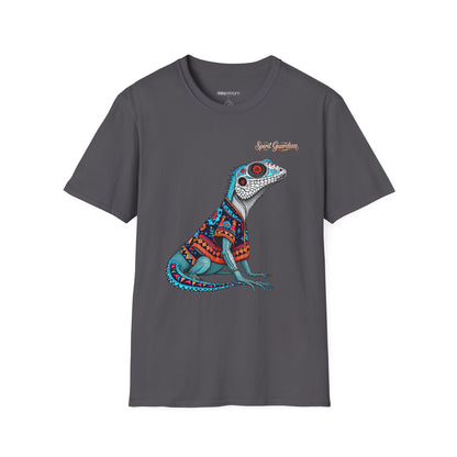Gray t-shirt with a colorful lizard graphic on a white background