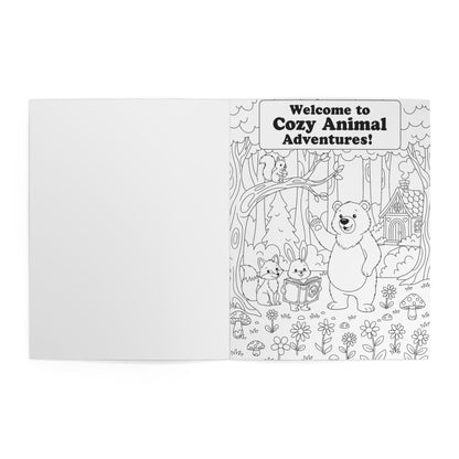 Coloring book with animal illustrations and 'Welcome to Cozy Animal Adventures!' text on a white background
