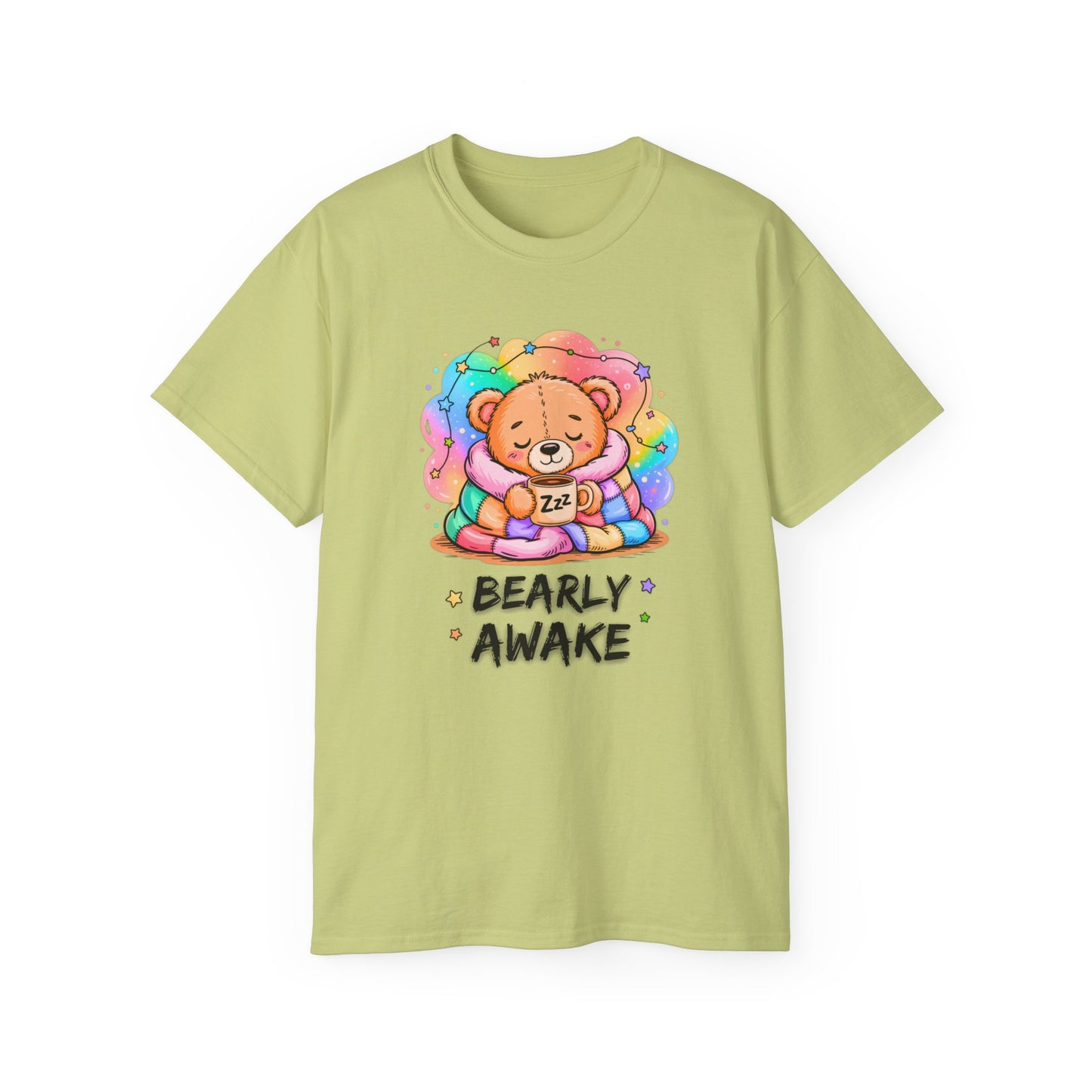 Bearly Awake Teddy Bear Tee | Cute Coffee Bear Wrapped in Rainbow Blanket