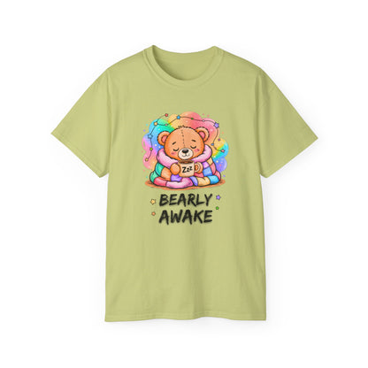Bearly Awake Teddy Bear Tee | Cute Coffee Bear Wrapped in Rainbow Blanket