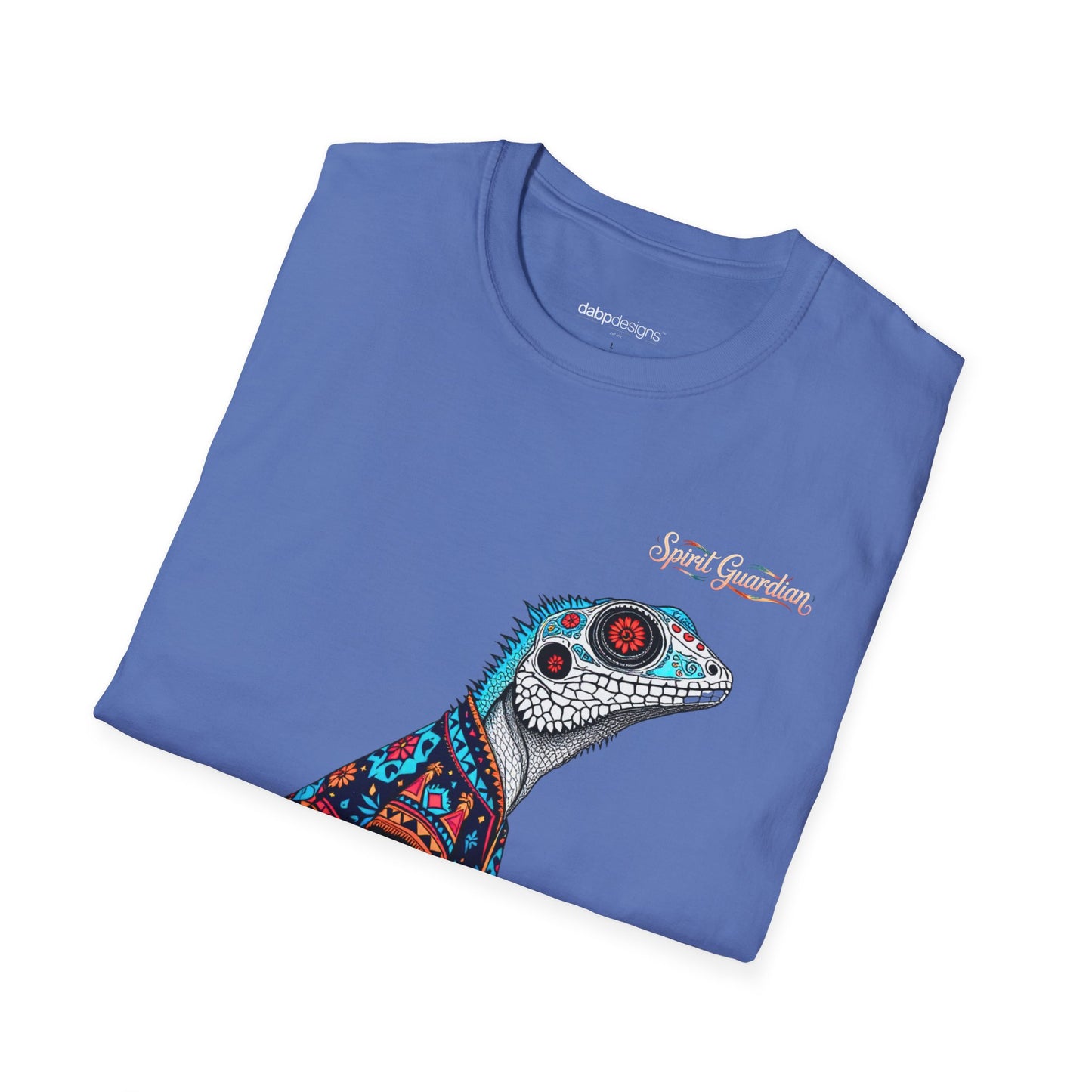 Folded blue t-shirt with a colorful lizard design on a white background