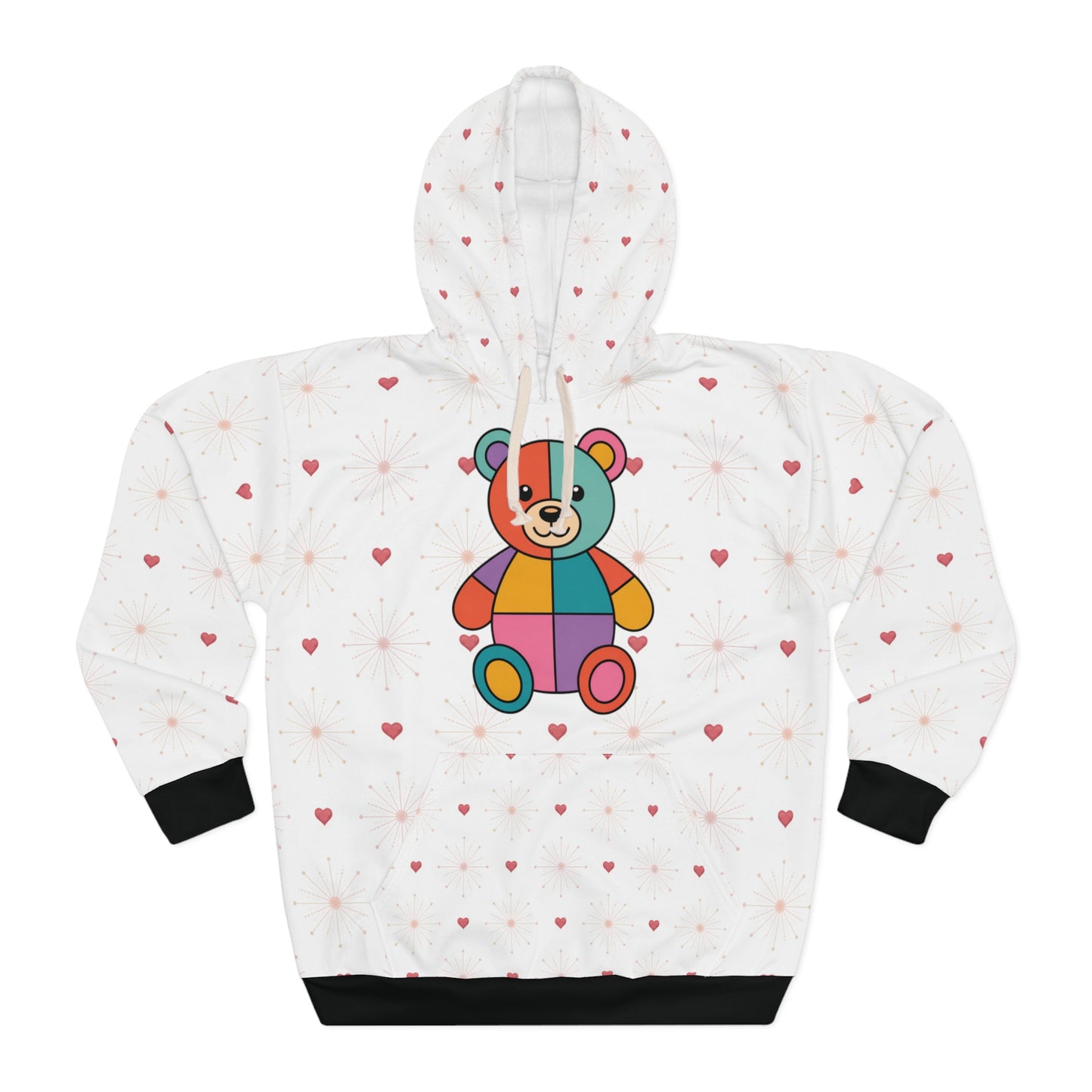 White hoodie with a colorful bear design and heart patterns on a white background