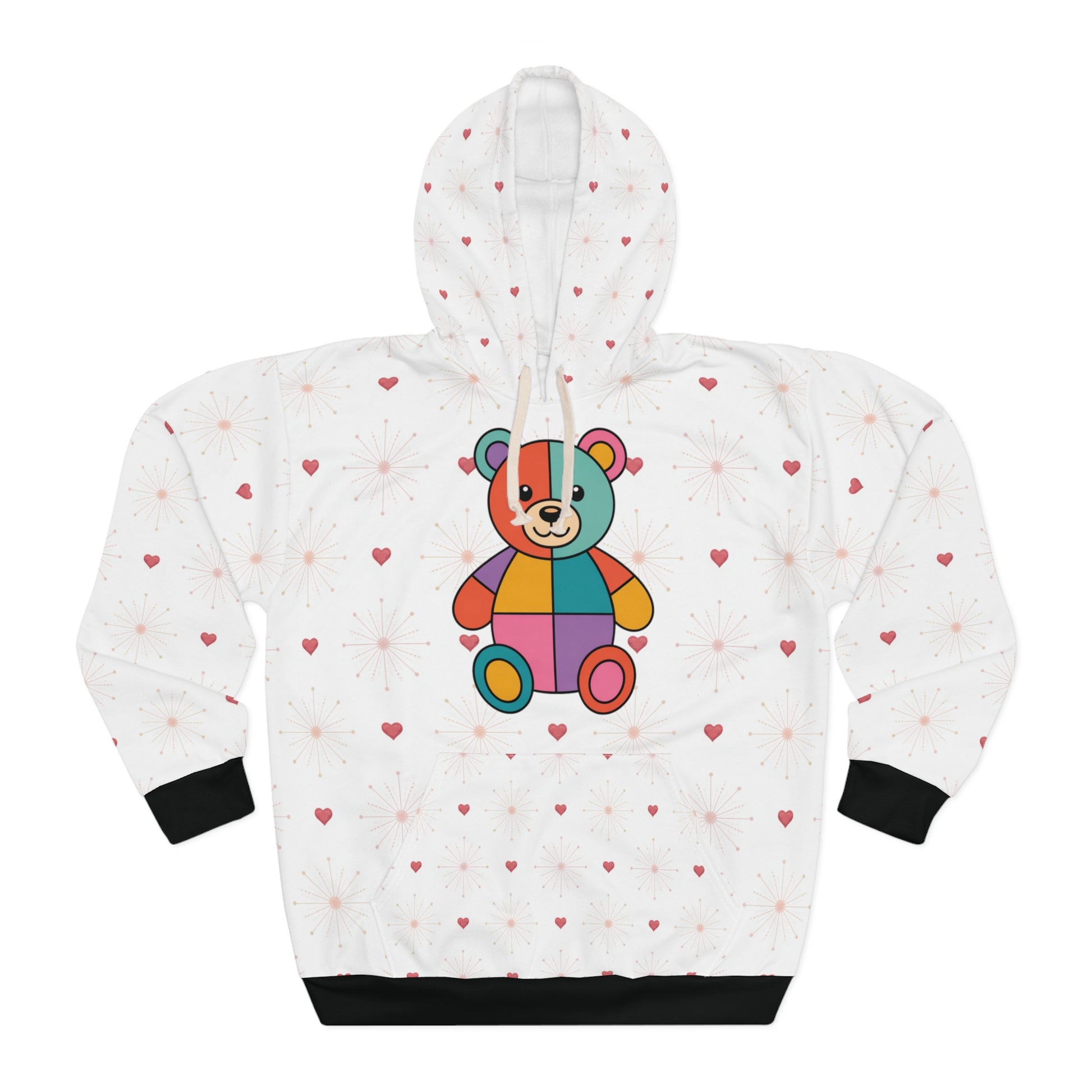 White hoodie with a colorful bear design and heart patterns on a white background