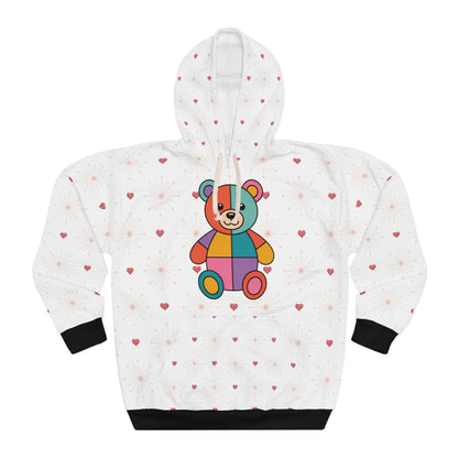 White hoodie with a colorful bear design and heart patterns on a white background
