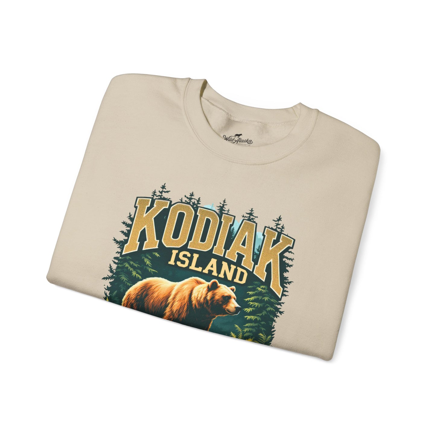 Folded t-shirt with 'Kodiak Island' graphic design on a beige background