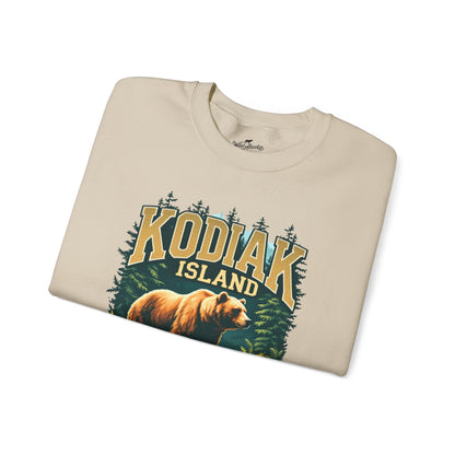 Folded t-shirt with 'Kodiak Island' graphic design on a beige background