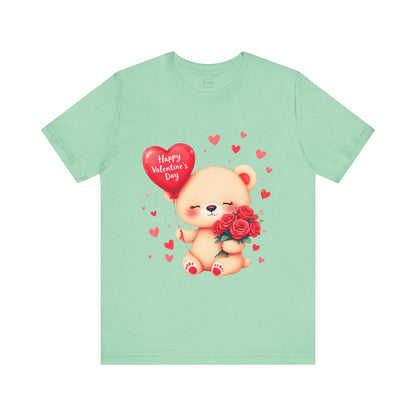 Bella+Canvas · 3001 Unisex Jersey Short Sleeve Tee - Valentine’s Day Bear, Balloon & Roses Design