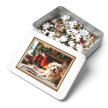 Festive Pooch by the Fireplace Jigsaw Puzzle – A Cozy Holiday Companion