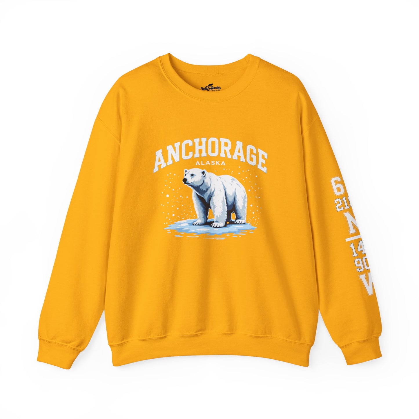 Yellow sweatshirt with a polar bear graphic and 'Anchorage, Alaska' text on a white background