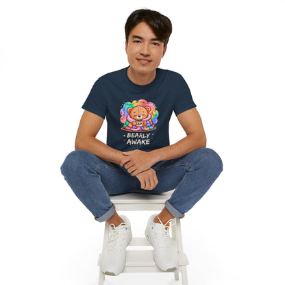 Bearly Awake Teddy Bear Tee | Cute Coffee Bear Wrapped in Rainbow Blanket