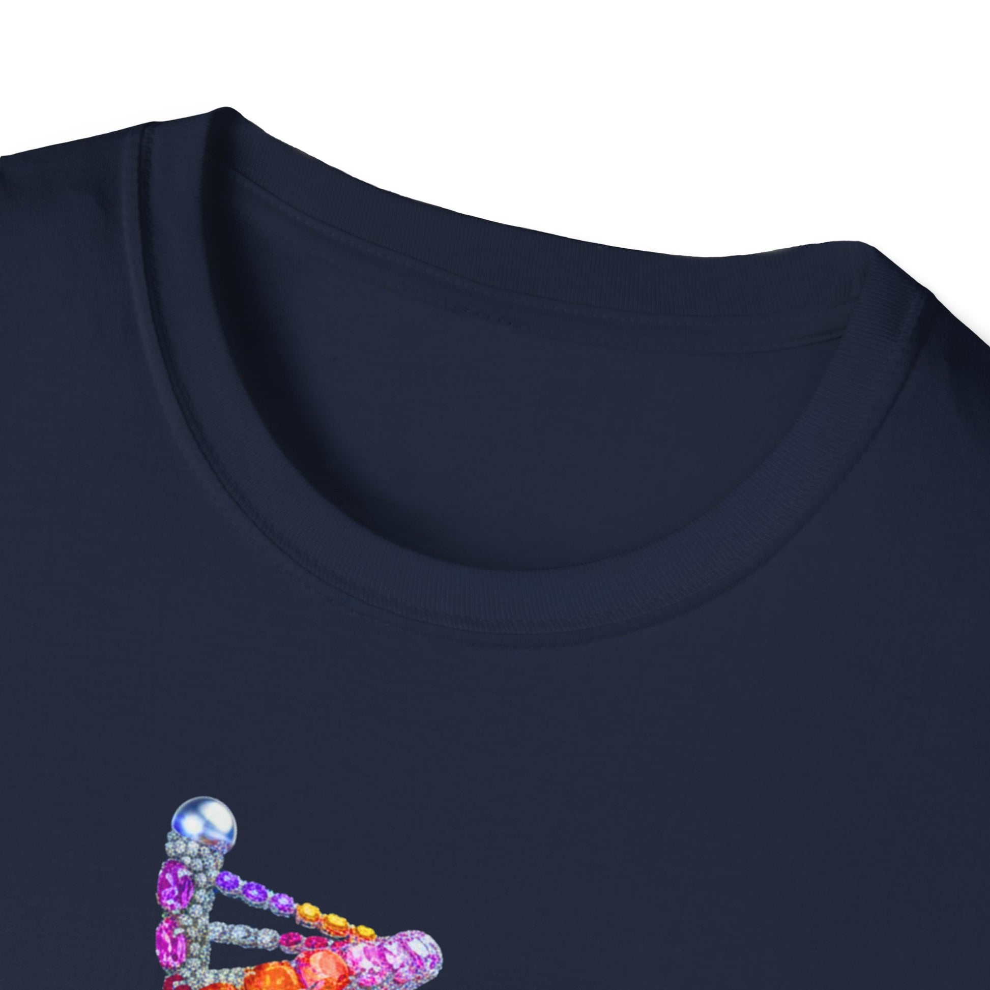 Navy blue t-shirt with colorful embellishments on a white background