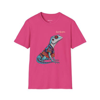 Pink t-shirt with a colorful lizard graphic on a white background