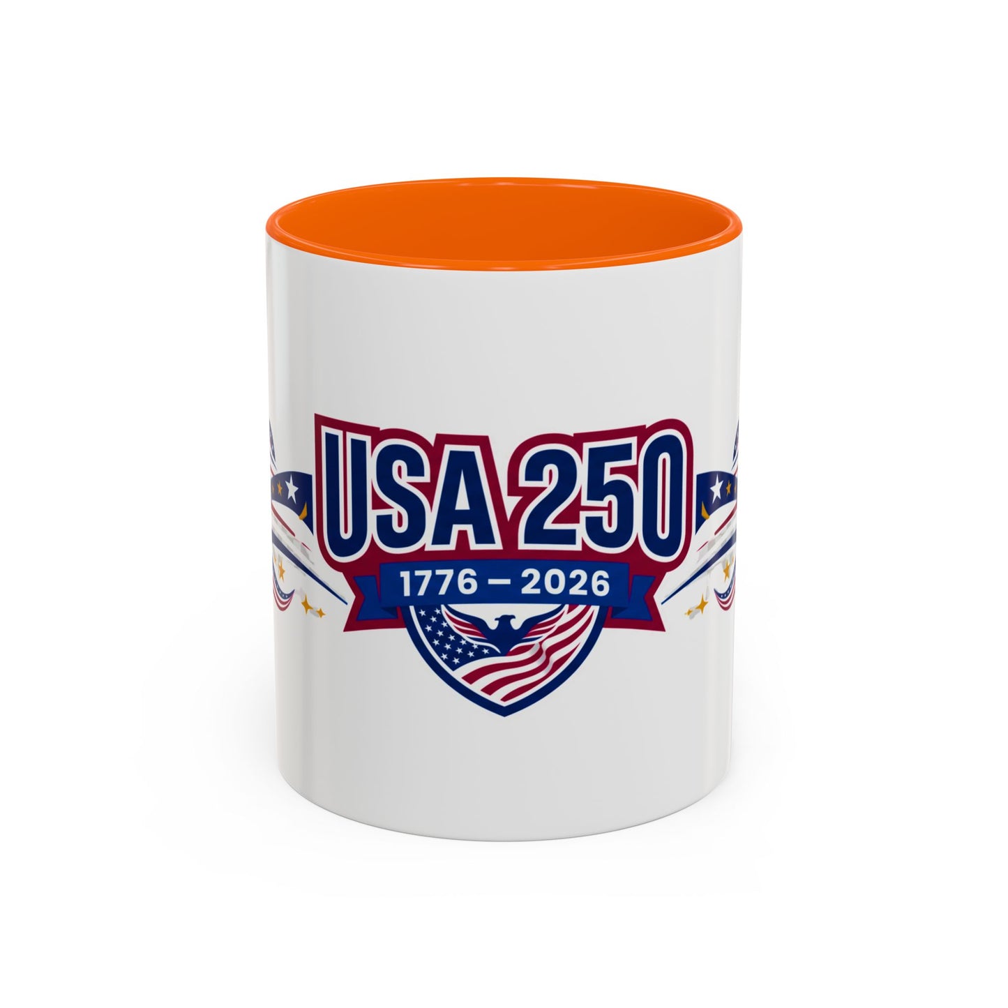 White mug with orange interior, featuring 'USA 250' text and American flag design on a white background.