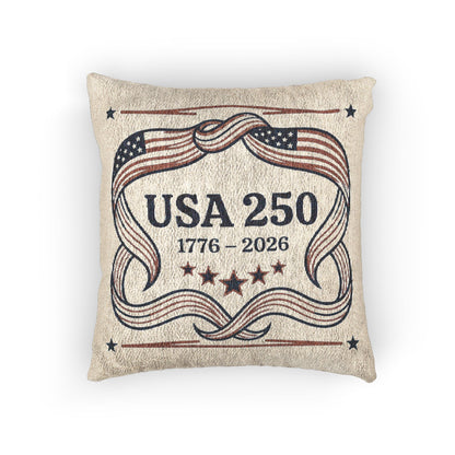 Decorative pillow with 'USA 250' text and American flag design on a beige background