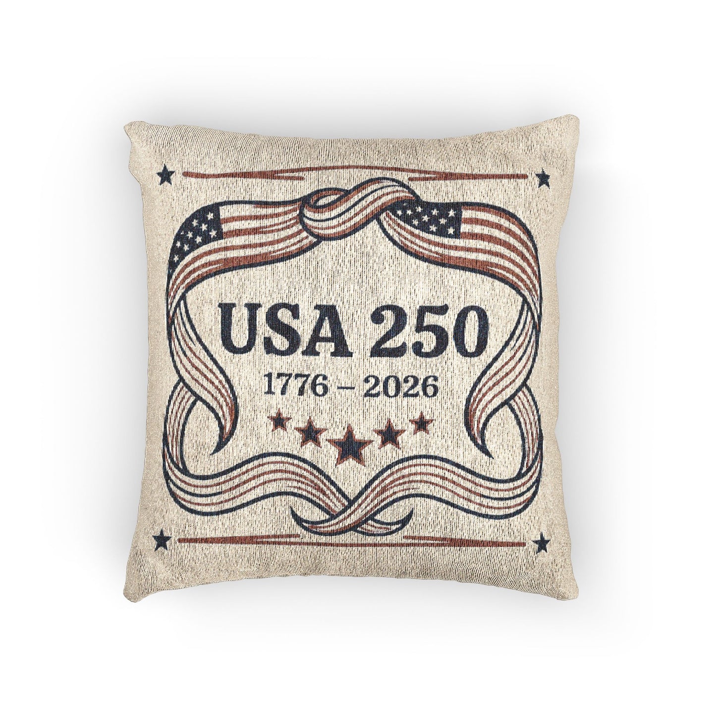Decorative pillow with 'USA 250' text and American flag design on a beige background