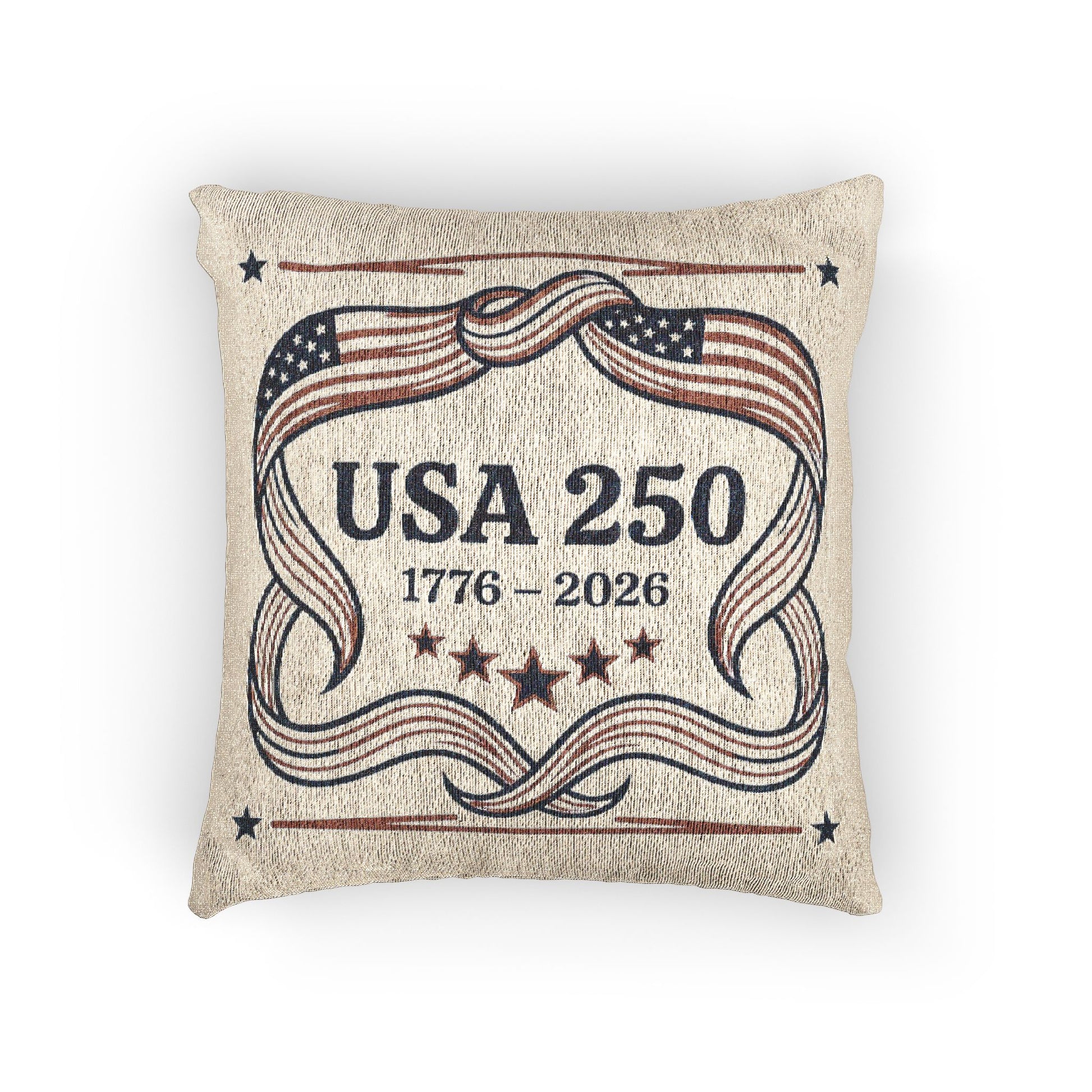Decorative pillow with 'USA 250' text and American flag design on a beige background