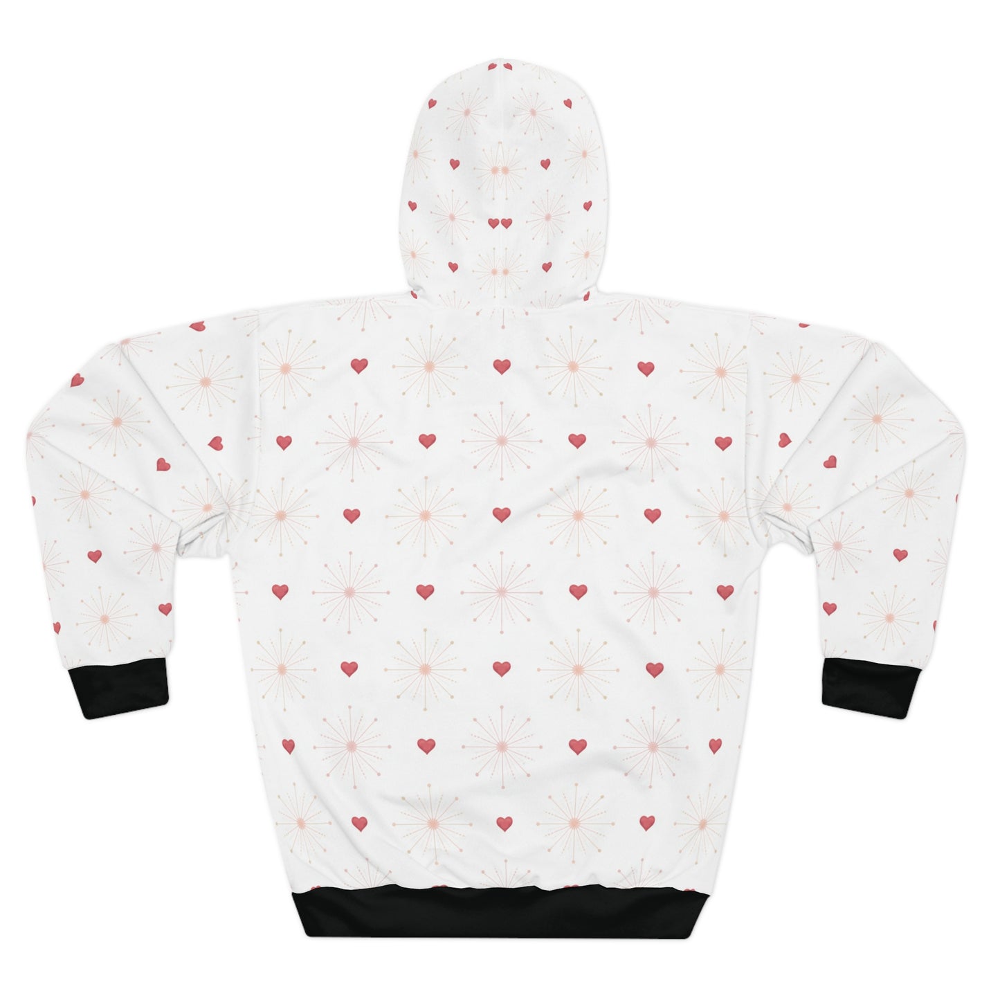 White hoodie with red heart pattern on a white background