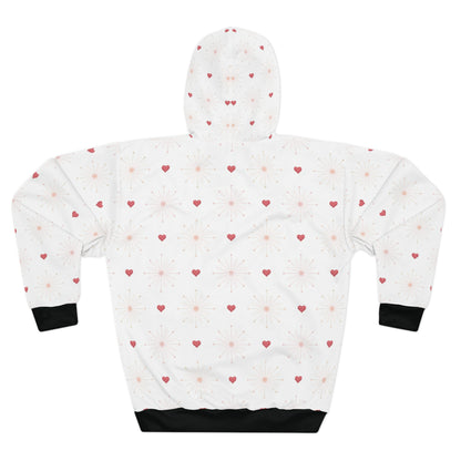 White hoodie with red heart pattern on a white background