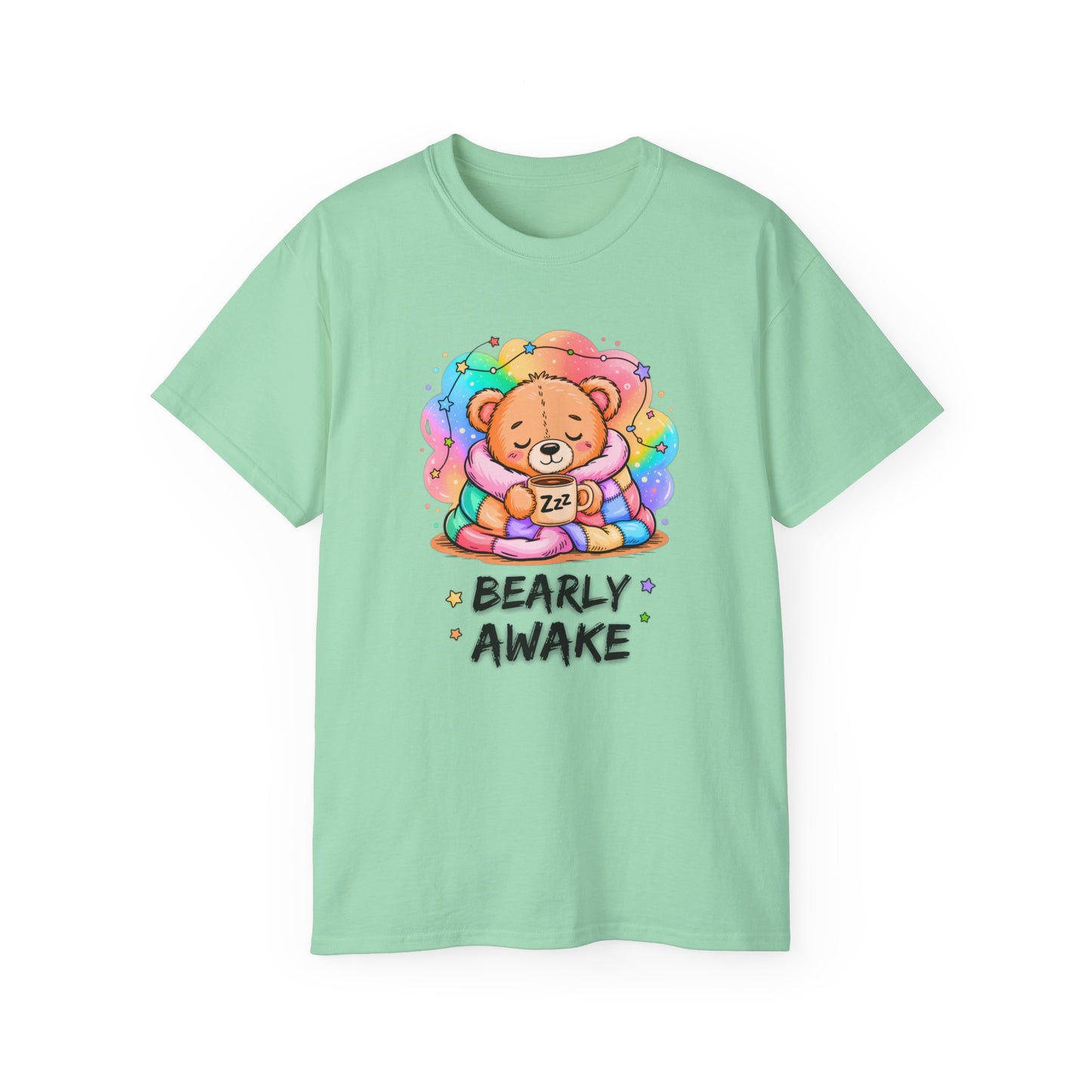 Bearly Awake Teddy Bear Tee | Cute Coffee Bear Wrapped in Rainbow Blanket