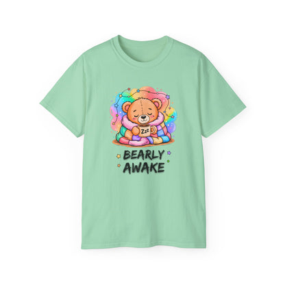 Bearly Awake Teddy Bear Tee | Cute Coffee Bear Wrapped in Rainbow Blanket