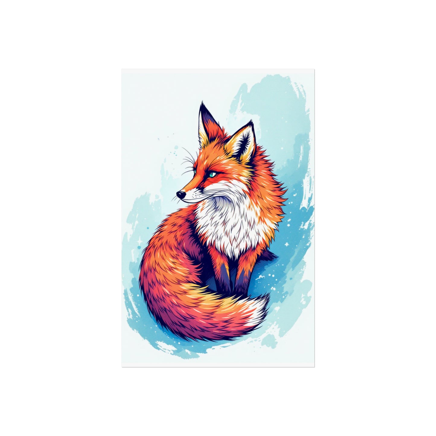 Colorful fox illustration on a blue and white abstract background
