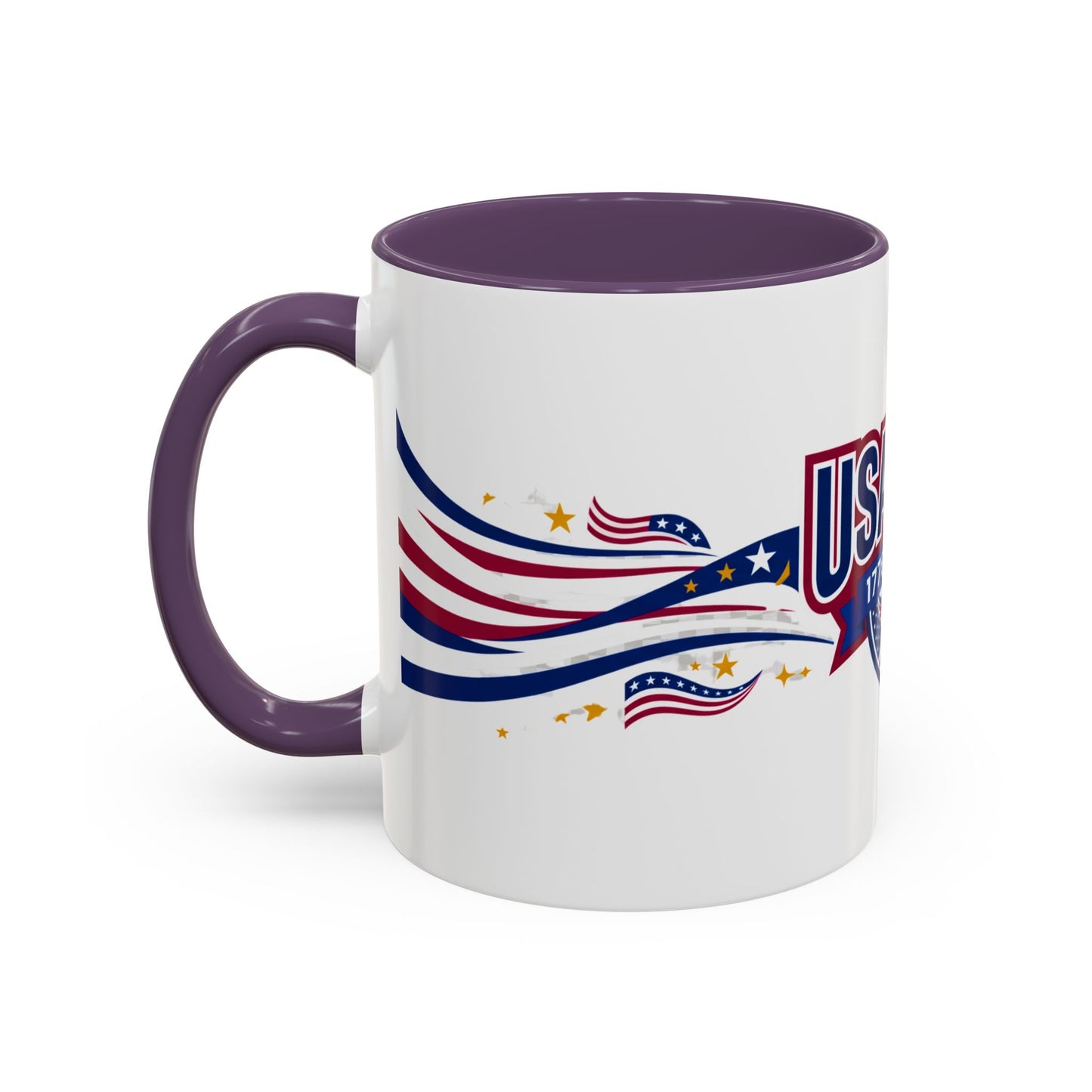 White mug with purple handle and interior, featuring American flag design and 'USA' text.