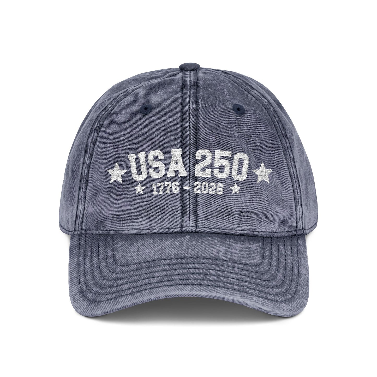 Blue denim cap with text 'Ask me about my no Rush e' on a white background