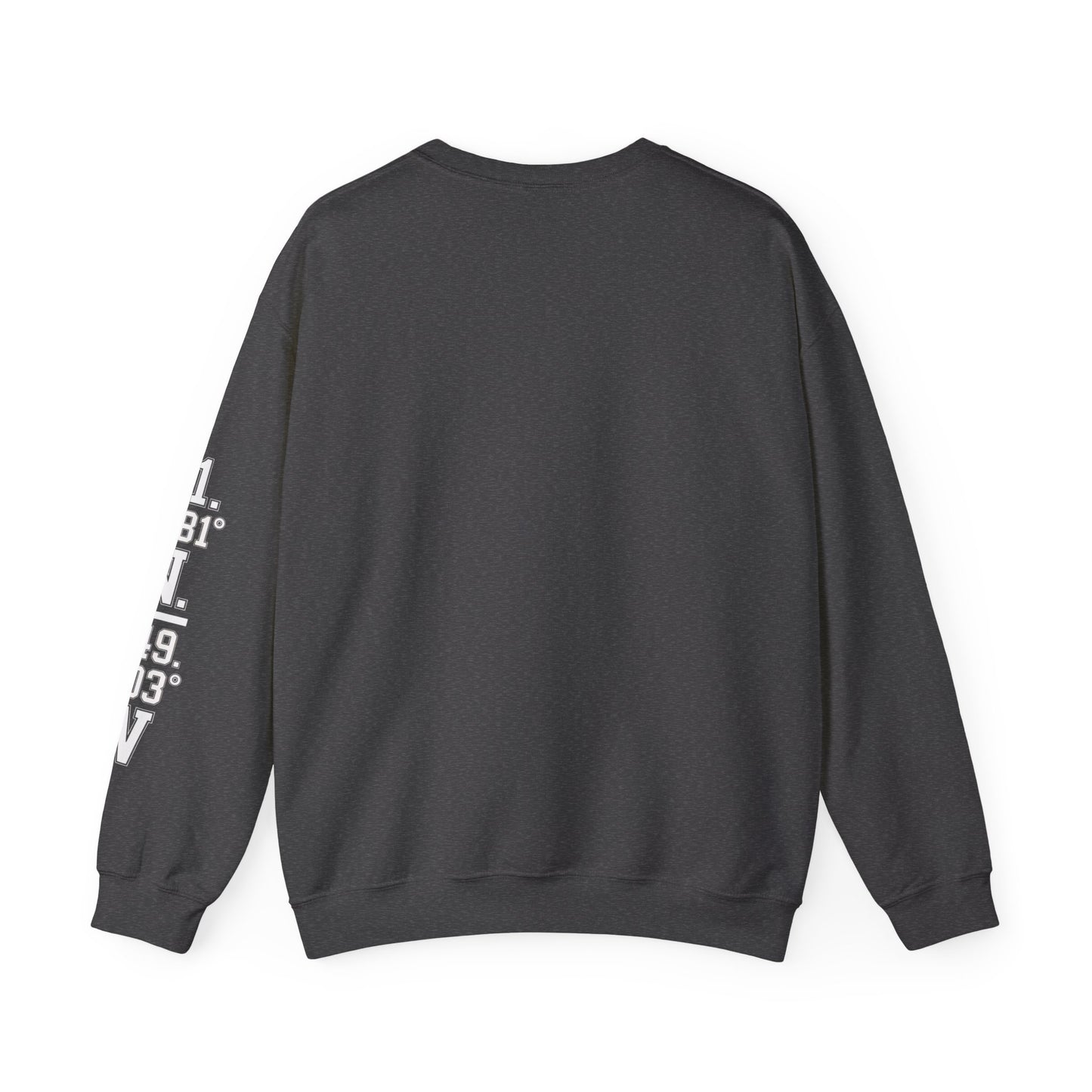 Black sweatshirt with white text on sleeve against a white background