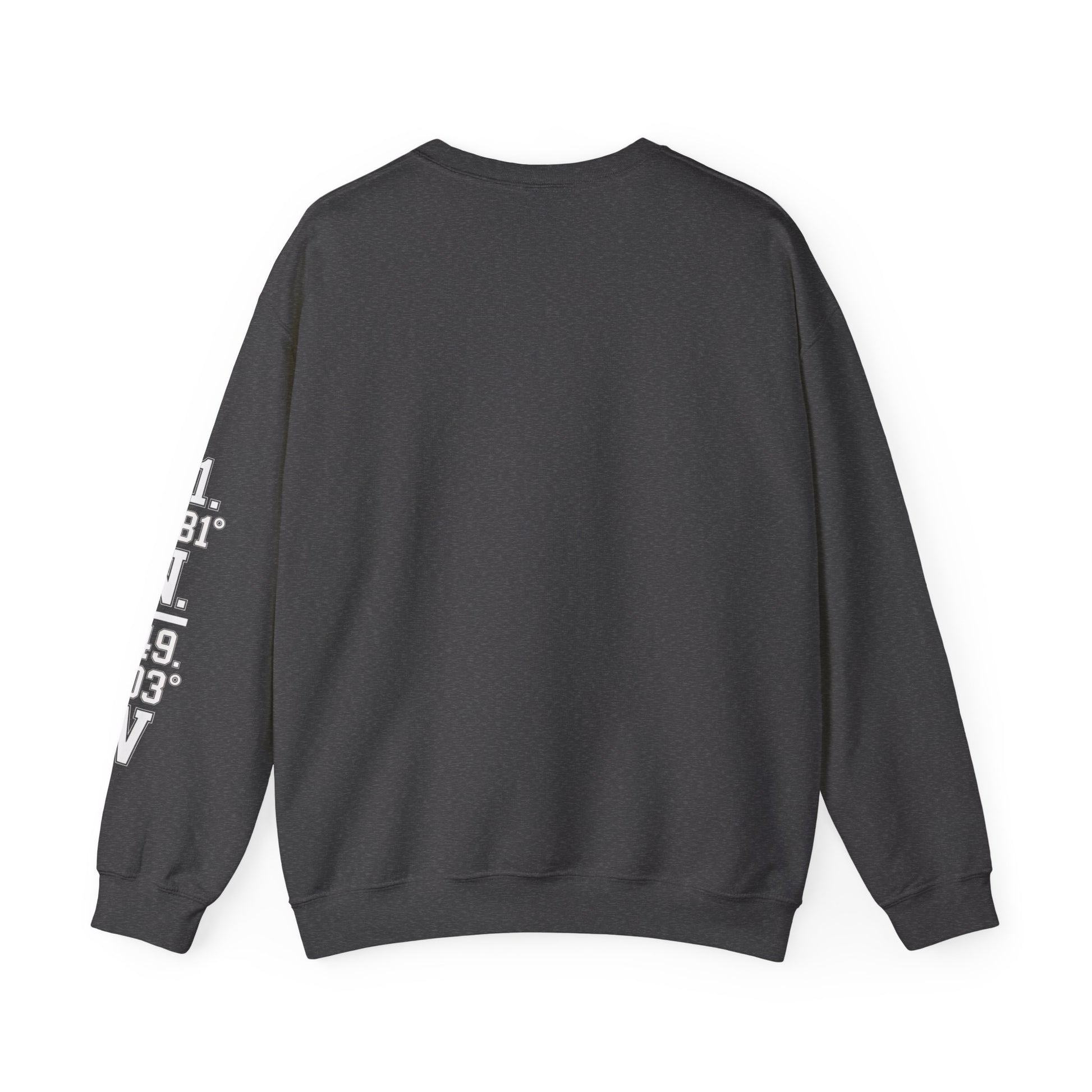 Black sweatshirt with white text on sleeve against a white background