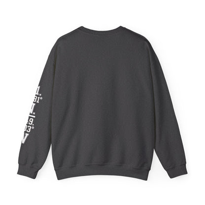 Black sweatshirt with white text on sleeve against a white background