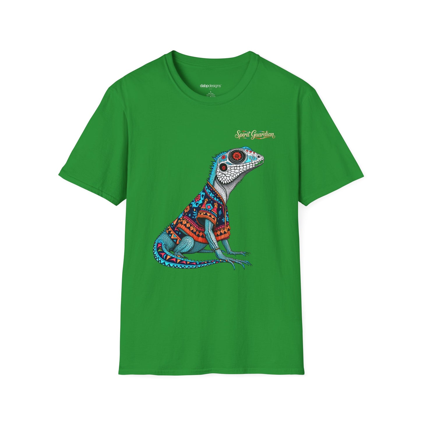 Green t-shirt with a colorful lizard graphic on a white background