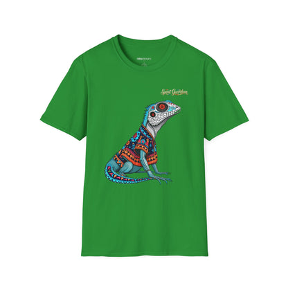 Green t-shirt with a colorful lizard graphic on a white background