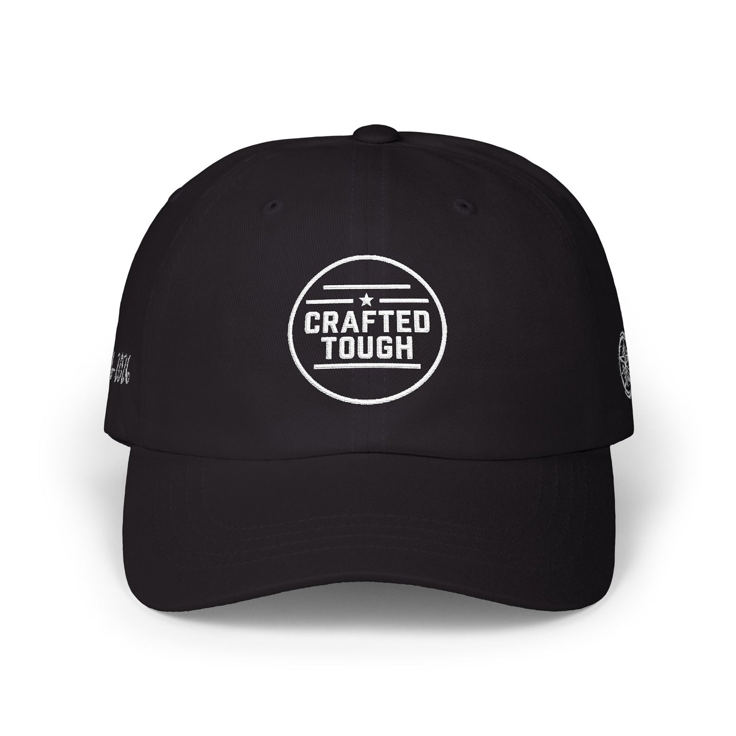 Black cap with text and branding on a white background