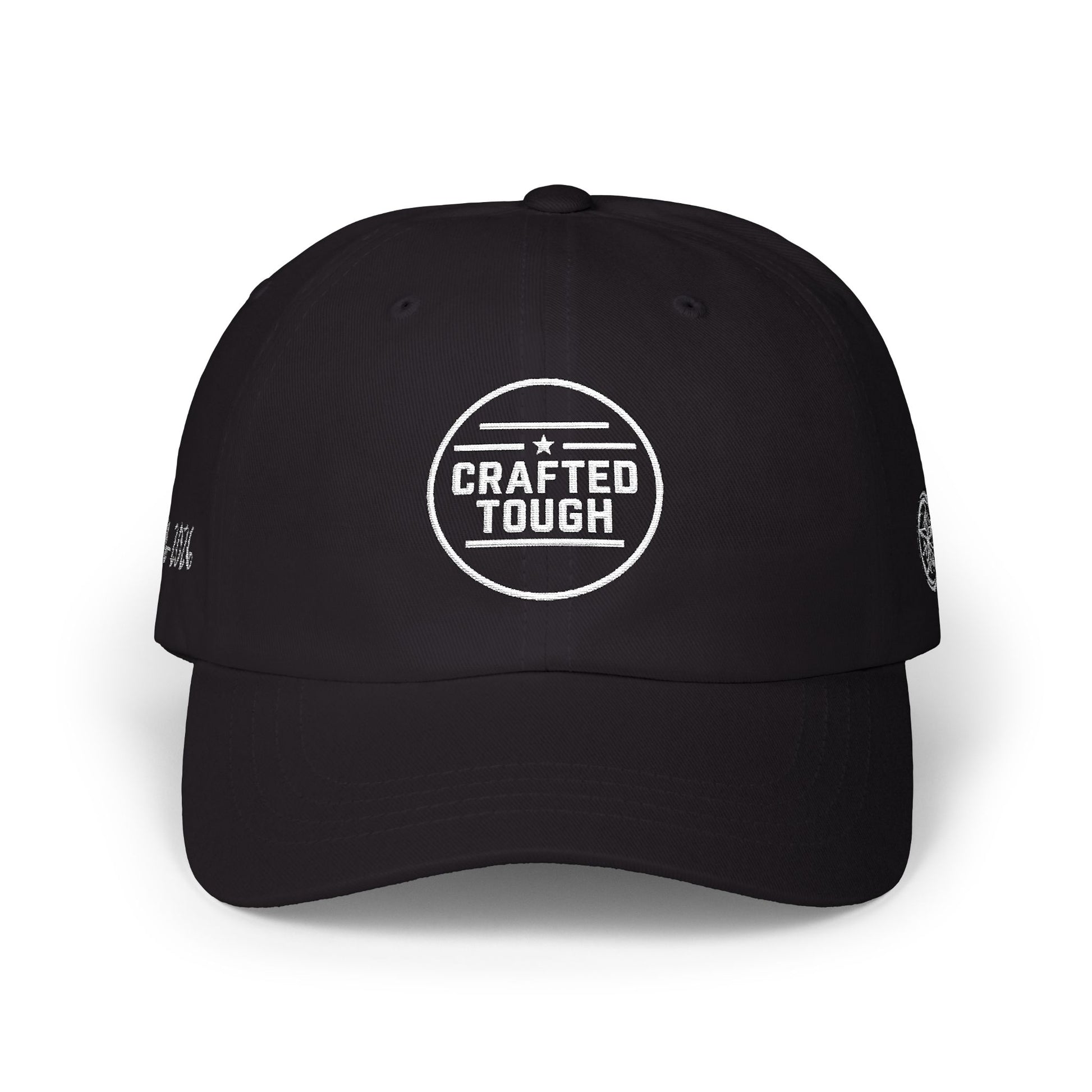 Black cap with text and branding on a white background