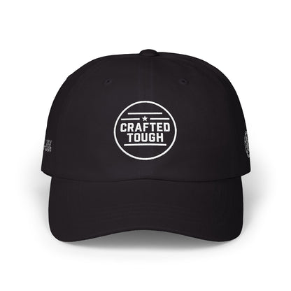 Black cap with text and branding on a white background