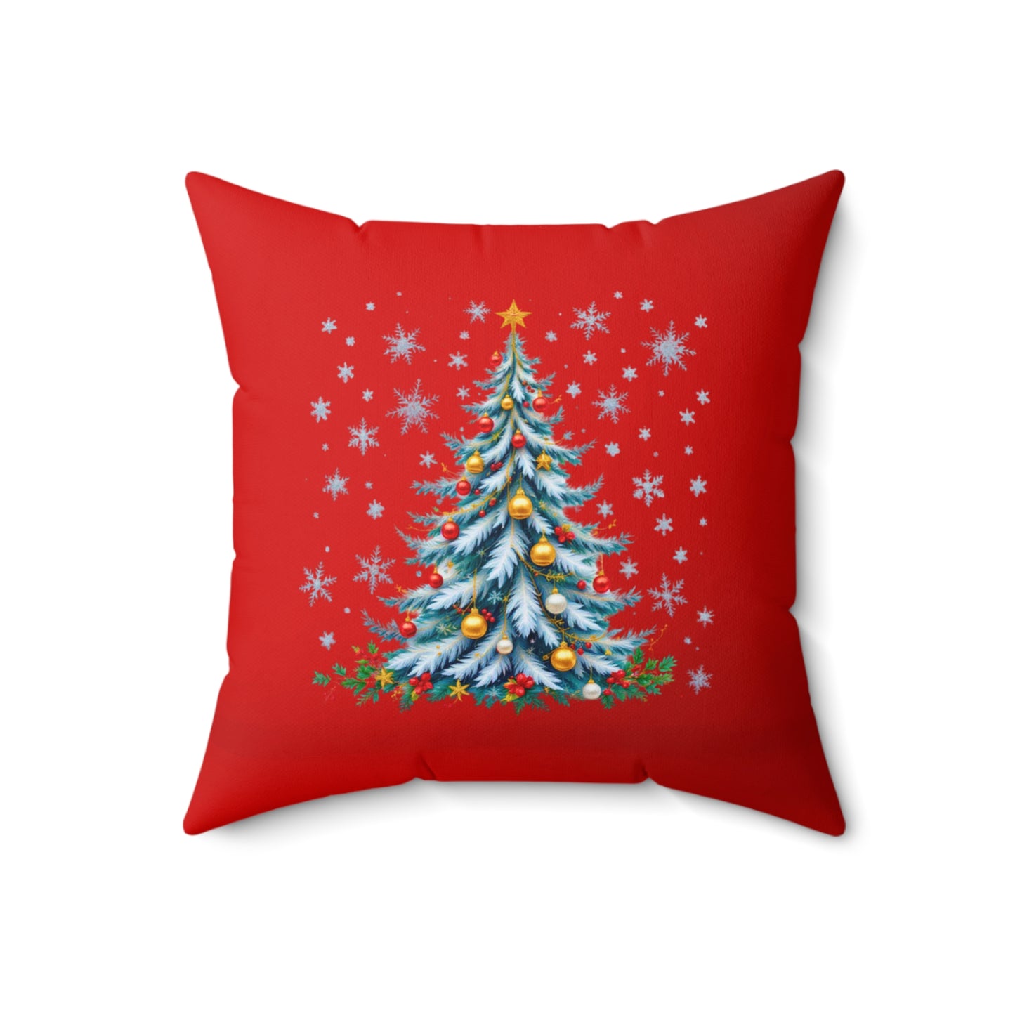 Elegant Christmas Tree Pillow – Snow-Kissed in Blue and Gold